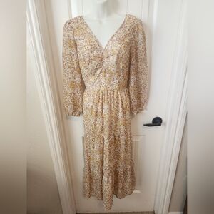 Sincerely Jules Ditsy Floral Pinched Vneck Dress -Yellow and White Sz M Like New